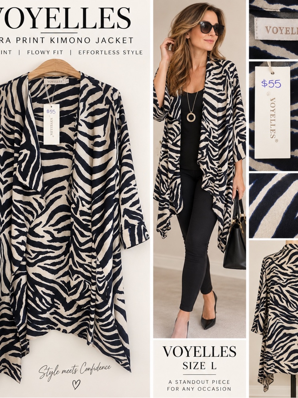Zebra Print Kimono Jacket - Black & Cream (Size L)